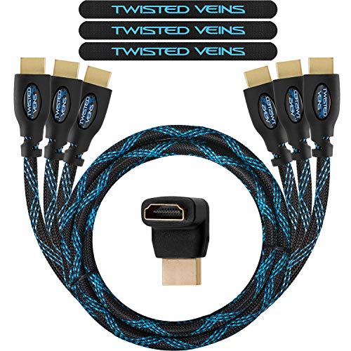 Twisted Veins HDMI Cable 6 ft, 3-Pack, with 270 Degree Left HDMI Angle Adapter, and 3 Microfiber Cable Ties, Premium Braided HDMI Cord, High Speed with Ethernet, Supports HDMI 2.0b 4K 60hz HDR and ARC by Twisted Veins - Used condition - US$8.39