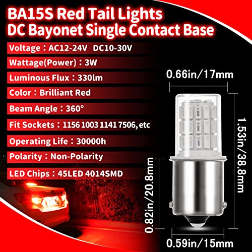 12V 1156 Ba15S Red 1003 1141 7506 Led Bulbs Brilliant Red, Dc Bayonet Single Contact Base,Ac10-24V Dc10-30Volt Led Replacement For Brake/Tail Lights,Blinker,Turn Signal/Parking Or Running Lights,4Pack #TOP2