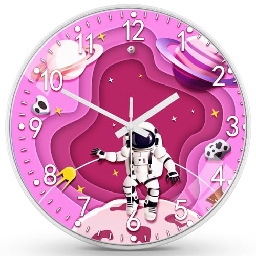QINYUNE Wall Clock for Kids - Space Travel Themed - Silent Non Ticking Analog Wall Clock, Perfect Kids Room Wall Decor for School Classroom, Playroom, Livingroom, Battery Operated (Package Included)