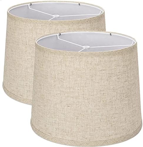 Lamp Shades Set of 2, Medium Lampshades 11.6" Top x 12.6" Bottom x 9.8" High, Drum Lampshades (Spider Fitter), Natural Beige Linen Lampshades Hand Crafted Shades Replacement for Table Lamp, Floor Lamp