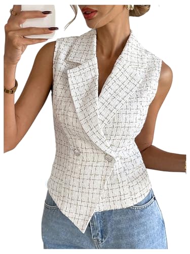 GORGLITTER Women's Plaid Sleeveless Blazers Vest Double Breasted Button Up Waistcoat Dressy Office Corporate Outfits