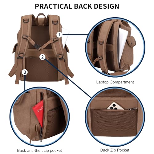 Image of WITZMAN Canvas Backpack for Men Vintage Rucksack Fits 15.6 inch Laptop | Drawstring Backpack, Travel High Capacity Casual Daypack with USB Charging Port, For Vacation, Overnight Trip, A8004 Brown