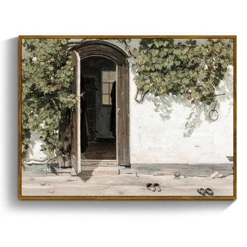 crmotu Vintage Framed Wall Art, Country Landscape Canvas Prints, Grapevine Gate Rustic Farmhouse Decor Painting, Nature Green Scenery Pictures Wall Decor Living Room Bedroom Bathroom Office 12x16in