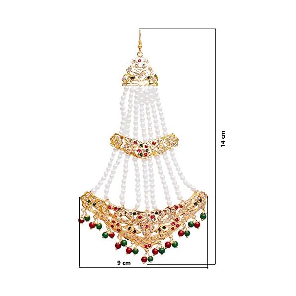 Lucky Jewellery Jhumar Passa Kundan White Pearl Jhoomar Maang Tika for Women Magenta Green Stone Multi Layered Pearl Chapka Jhumar Maang (Mang) Tikka(Tika) (660-CKN-C193-RG) - Image 3