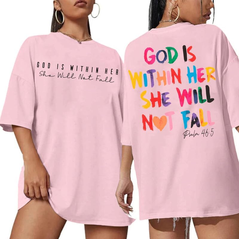 Jinluth Oversized Christian Shirts for Women Jesus Faith Shirt Bible Verse T Shirt God is Within Her Tees Inspirational Tops