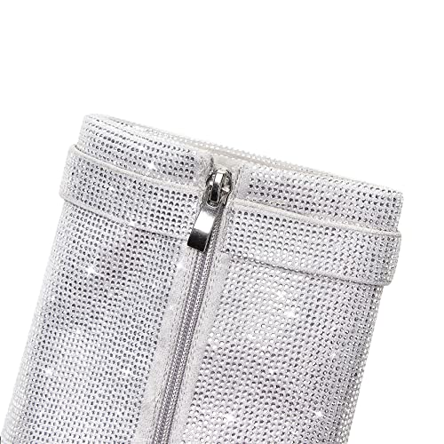 Kozdyko Women's Rhinestone Fold Over Summer Boots Padlock Wedge Heeled Open Toe Sandals Mid Calf Knee High Boots(Silver,Us Size 9) #TOP4
