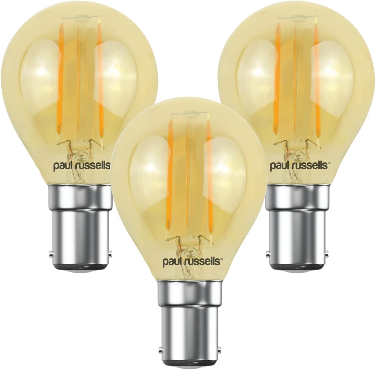 paul russells LED Filament Golf Ball Light Small Bayonet Cap B15, 20W Equivalent G45 Bulbs, 2.5W 200LM LED 2200K Amber Lamps