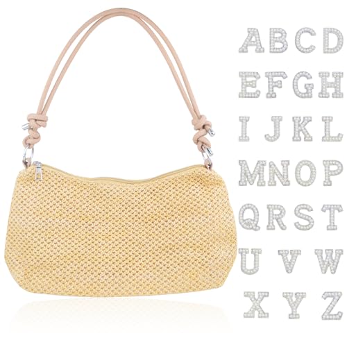 Image of 1pcs Straw Shoulder Bag Handmade Woven Mesh Hobo Tote Bag Summer Beach Casual Straw-woven Shoulder Handbag and 26 Letters Pearl Iron-on Patches for Women Swimming Pool Accessories