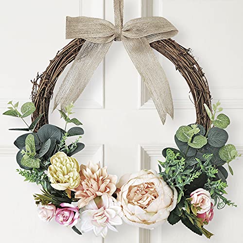 Yao Freo Artificial Eucalyptus Wreath, Artificial Peony Wreaths with Rose Green Leaves for Front Door Wall Window Room Outdoor Wedding Party Decor,15  Natural Grapevine Wreath Porch Home Décor