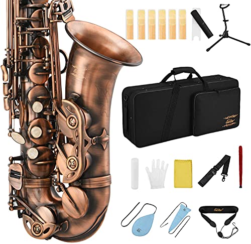 Eastar Alto Saxophone E Flat Student Alto Sax Antique Finish Beginner Alto Saxophone Eb With Cleaning Cloth,Carrying Case,Mouthpiece,Neck Strap,Cork Grease,Reeds,Stand, Full Kit, Red Bronze, AS-â…¡-Ab2