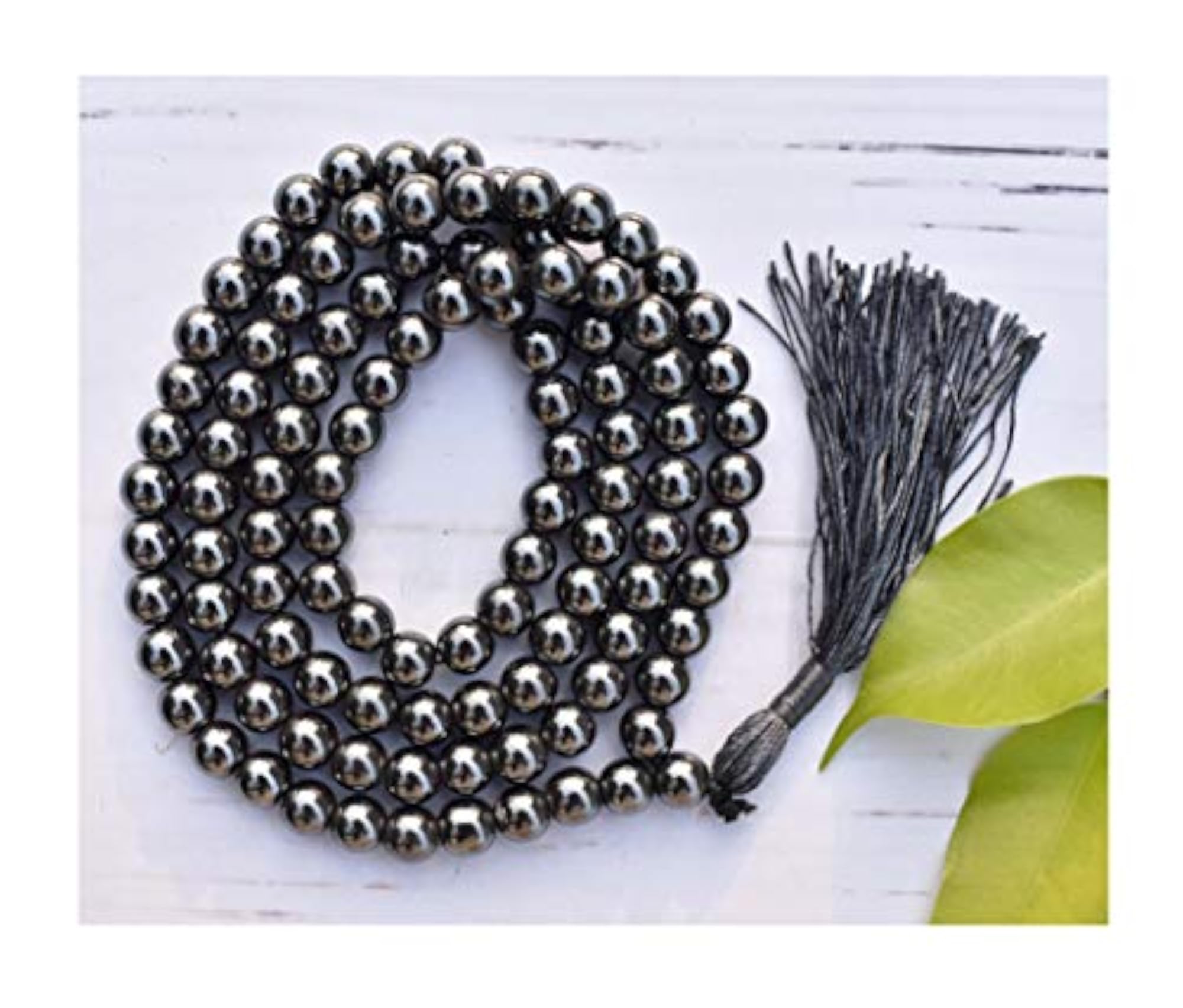 Natural Hematite Healing Crystal Mala, 34 Inch, 108 Beads