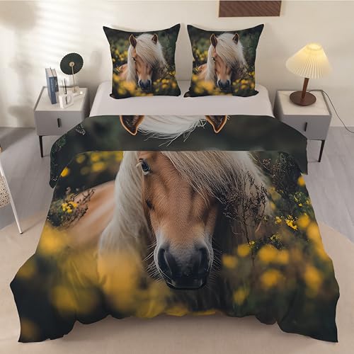 Funda Nordica Cama 180 Caballo Caballo Marrón, Ropa de Cama Fauna - Funda Edredon 260x240 Animal de Microfibra Suave con 2 Fundas de Almohada 50x75 cm, con Cremallera Y-976