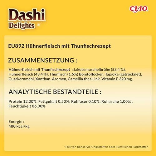 INABA Dashi Delights Delicate Flakes, Nassfutter für Katzen mit Huhn und Thunfisch, feine Flocken in aromatischer Fischbrühe, Proteinreich, Natürliche Zutaten, Ergänzungsfutter, 12x40g