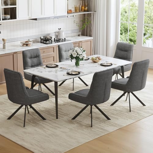 Ckaff Drehstuhl Esszimmer, 6er Set 360° Drehbar Esszimmerstuhl, Küchenstuhl, Polsterstuhl aus Chenille, Schminkstuhl mit Hoher Rückenlehne und Metallbeine für Esszimmer Küche Büro, Dunkelgrau