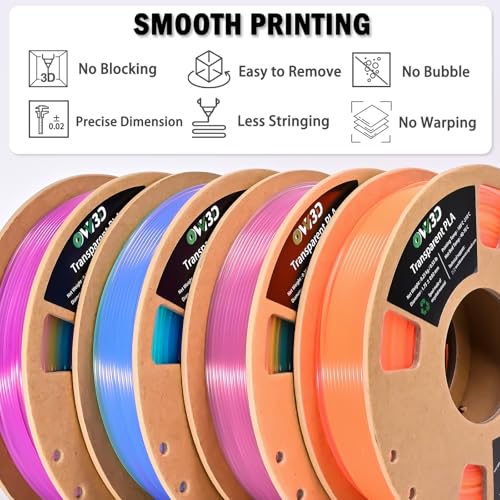 Image of OVV3D Transparent PLA 3D Printer Filament Bundle 250g x 4 Spools, Multicolor Clear PLA Filament 1.75mm Pack, Translucent Color Change 3D Printing Filament, Vibrant Gradient Pastel Filament