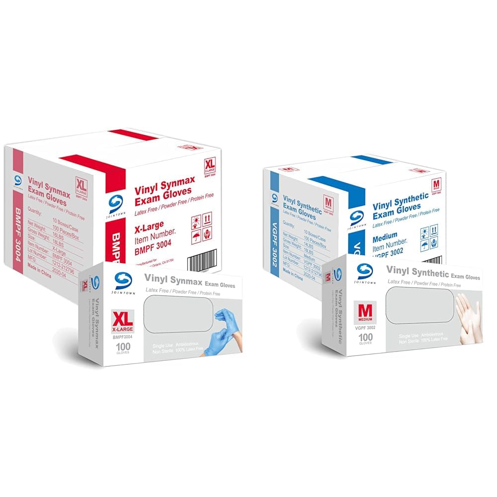 Basic Synmax Vinyl Exam Gloves Disposable Exam Gloves BMPF-3004 Blue XL 1000 Count & Jointown Basic Medical Clear Vinyl Exam Gloves VGPF3002 Medium 1000 Count