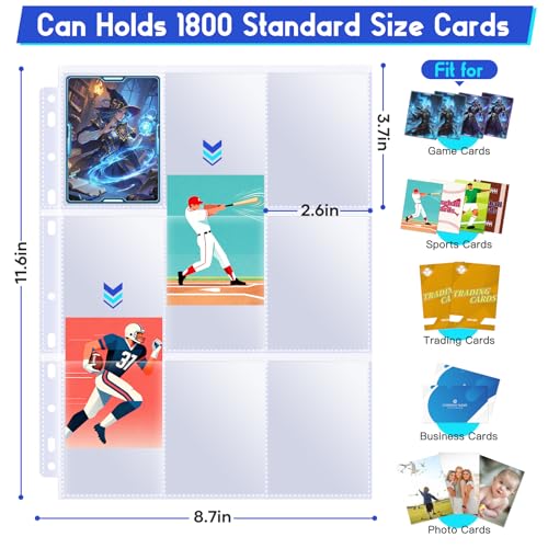 Tioplior Trading Card Sleeve Pages,9 Pockets Double Sided Binder Sheets for 3 Ring Binder,Hold 1800 Cards Fit for MTG,TCG,Baseball,Sports Standard Cards (500)