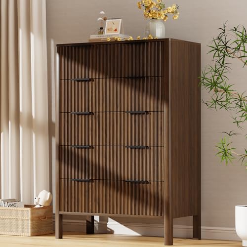 Image of 47 Inch Tall Dressers for Bedroom Fluted 5 Drawer Dresser, Wooden Dresser Modern Chest of Drawers Dressers with Organizer Storage for Bedroom, Living Room, Entryway, Walnut
