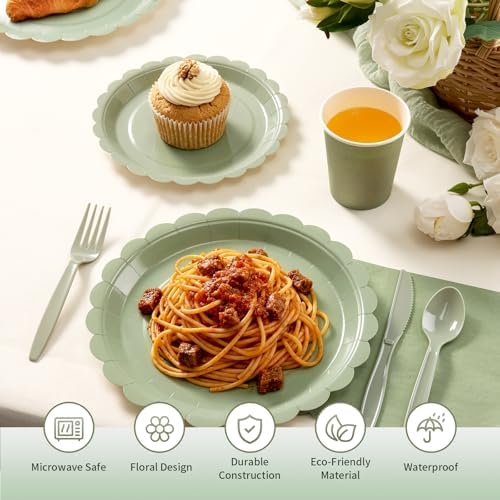 Goodluck 175 Pcs Sage Green Paper Plates,Disposable Plates Cutlery for 25 - 2