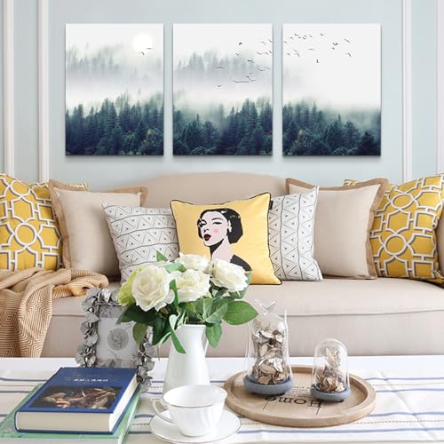 DZRWUBHS Modern Canvas Wall Art For Living Room Large Wall Decor For Bedroom Foggy Forest Trees Landscape Painting Home Decor Stretched And Framed Ready To Hang Pictures 3 Panels Wall Decoration