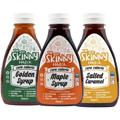 Skinny Syrup 3 Pack (3 x 425ml) – Maple Syrup, Salted Caramel, Golden Syrup – Zero Calorie, Sugar Free Coffee & Pancake Syrups – Low Calorie, Keto & Vegan Friendly