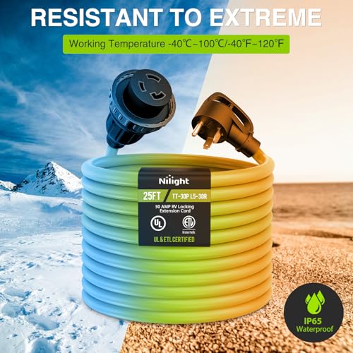 Image of Nilight 25FT 30 Amp RV Locking Extension Cord 125V Heavy Duty 10 /3 Gauge Pure Copper STW Wire UL ETL Listed 3 Prong TT-30P L5-30R Weatherproof Suit for Camper Caravan Trailer Bright Green