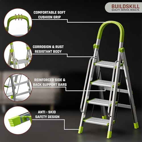 Image of BUILDSKILL Aluminium Ladder for Home 4 Steps | 33x16cm Wide Anti-Slip Aluminium Steps | Stainless Steel Body | Handrails | Load 150 Kg | Foldable Lightweight 4.75KG Ladder for Kitchen, Office & Home
