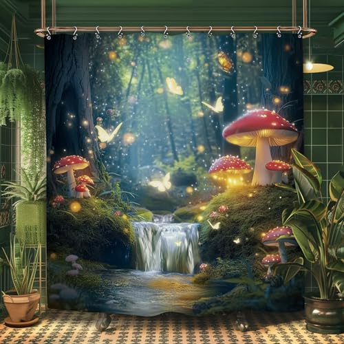 Yookeb Mushroom Fairy Forest Bathroom Shower Curtain 60W by 71H Inch Cute Tale Wonderland Girls Polyester 12 Plastic Hooks Waterproof Decor