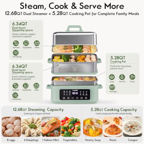 18QT Electric Food Steamer for Cooking, 2-Tier 304 Stainless Steel Tray by PULZO - Used condition - Image 3