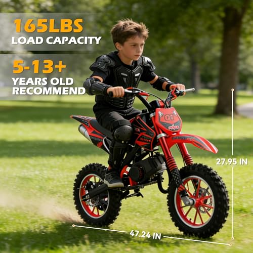 50cc Kids Dirt Bike, 2-Stroke Gas Powered Mini Motorcycle Up to 40MPH, Off-Road Dirt Bike for Kids 8-14 with Front Rear Disc Brakes, Double Shock Absorption (RED)