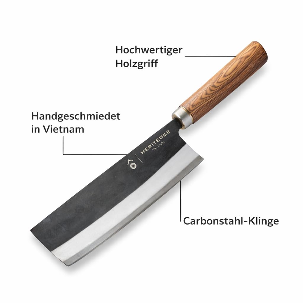 Rua Classic | Handgefertigtes Nakiri Messer 17 cm | Handgeschmiedet in traditioneller Schmiede in Vietnam | Carbonstahl 60–61 HRC | Tamarindenholz