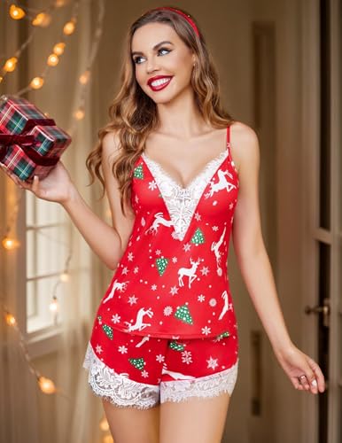 Image of Avidlove Women Pajama Set Lace Trim Short PJ Set Modal V Neck Sleeveless Sleepwear Drawstring Waist Nightwear S-XXL