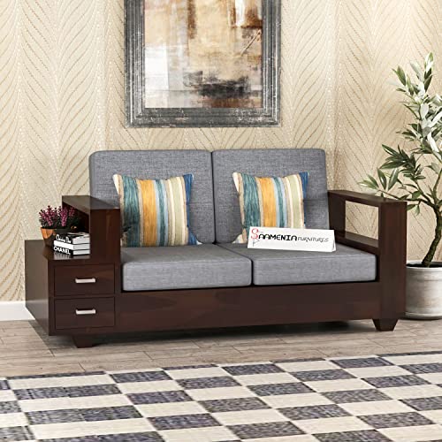 Image of Sheesham Wood 2 Seater Sofa | 2 Seater Sofa with 2 Drawer Storage | Wooden Sofa Set Furniture for Living Room Home Office (Walnut Finish)