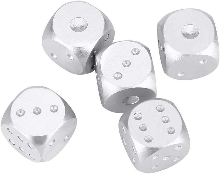 Aluminum Alloy Dice Set, 5 Pieces with Storage Box, 1.6 Inch Gold or Silver Metallic Gaming Dice for Table Games