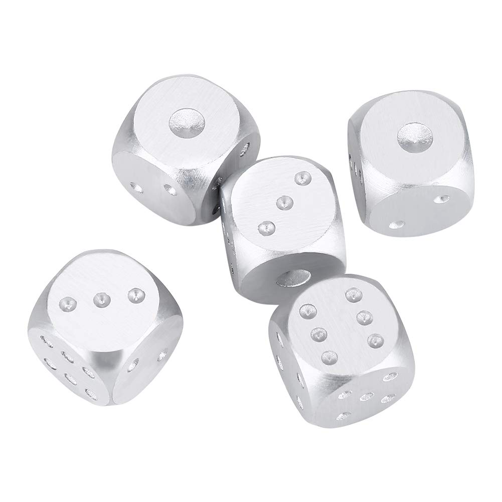 Fafeims 6-stronny zestaw metalowych kości, 5-częściowy zestaw kości ze stopu aluminium DND z pudełkiem do przechowywania gry na stół poker gry kości akcesoria (srebrne prostokątne pudełko)