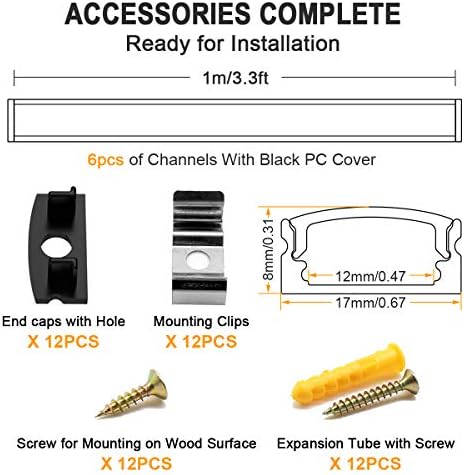 Jirvyuk Aluminium Led Profile, 1m/3.3ft LED Diffuser, Led Profile Channel for LED Strip Lights with Black Cover, End Caps and Metal Mounting Clips(U Shape)(6m)