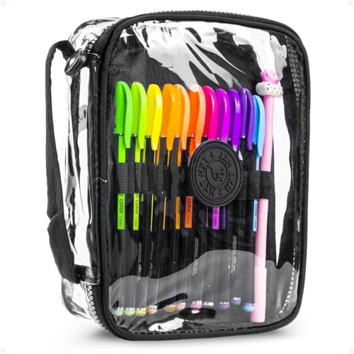 Estojo Escolar Feminino Masculino Grande Transparente Ziper Resistente Papelaria Fofa Infantil Lápis Canetas Lapiseiras Borrachas Apontadores (Preto)