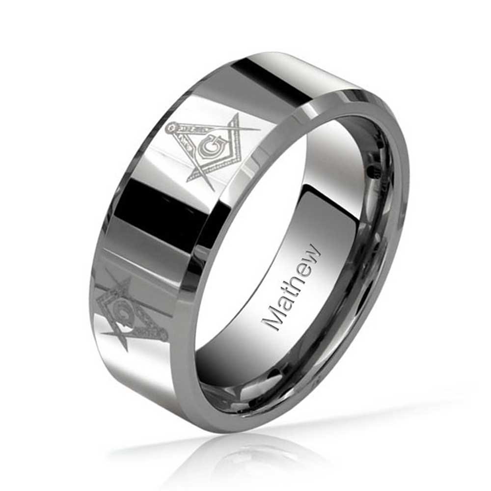 Bling Jewelry Anillo de Boda Masónico de Compás y Escuadra para Hombres de Titanio, Tono Plateado Pulido, Ajuste Cómodo, 8MM