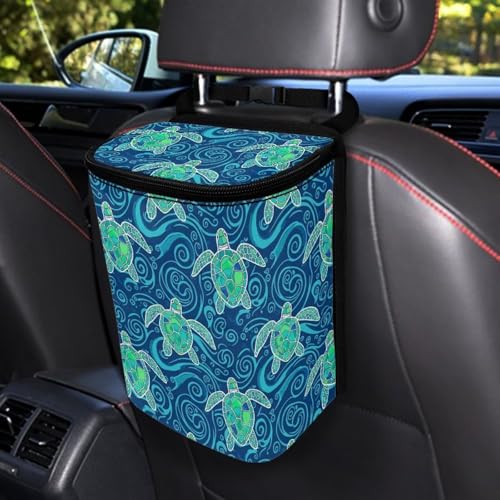 Image of Talayituse Teal Turtle Water Print Car Trash Bin, Large Size Auto Trash Can Adjustable Portable Garbage Can with Lid, Vehicle Hanging Bag for Headrest Front Back Seat