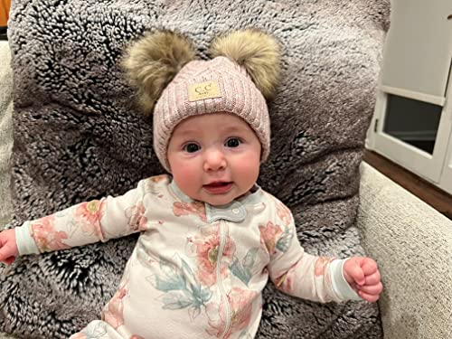 Funky Junque Baby/Infant Double Pom Beanie: Diagonal Basketweave Pattern - Rose #TOP1