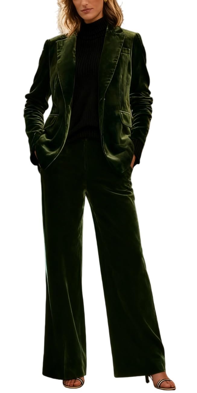 Womens Velvet Pant Suit Slim Fit Peak Lapel Business Suit for Work Professional Prom Tuxedos