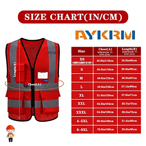 Image of Construction red vest | Red L breathable mesh vest with 7 pockets, black front zipper and reflective strips for fire safety; for men and women.