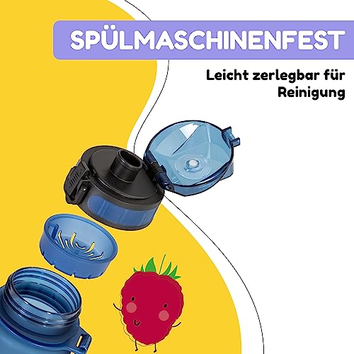 schmatzfatz Kinder Trinkflasche 400ml, Sport für Schule Kindergarten, 1-Klick Verschluss, Geschmacksneutrale Wasserflasche, Auslaufsicher mit Fruchteinsatz, BPA-Frei, Marineblau Raum