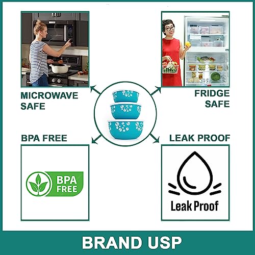 Image of Microsafe Stainless Steel Mixing Bowl Set with Lids - 3-Piece Nesting Bowls for Kitchen Prep, Serving & Food Storage (500ml, 750ml, 1250ml) (3 Turquoise Spiral)