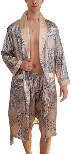 BridalAffair Men's Summer Luxurious Kimono Robe Soft Satin Bathrobe Long-Sleeve Nightgown Printed Pajamas Blue Gold, X-Large/XX-Large