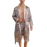 BridalAffair Men's Summer Luxurious Kimono Robe Soft Satin Bathrobe Long-Sleeve Nightgown Printed Pa