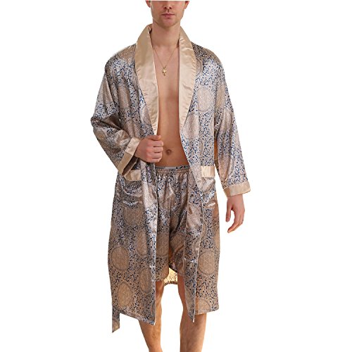 Bridalaffair Men's Summer Luxurious Kimono Robe Soft Satin Bathrobe Long-Sleeve Nightgown Printed Pajamas Blue Gold, X-Large/Xx-Large #TOP2