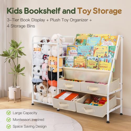 Kids Bookshelf and Toy Storage Organizer, 3-Tier Front Facing Book Display with Stuffed Animal Organizer & 4 Removable Storage Bins, Montessori Kids Book Shelf for Toddler Bedroom, Nursery, Playroom - Image 3