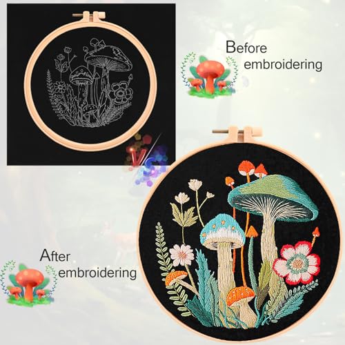 Kit broderie avec tissu imprimé champignon à offrir aux passionnés