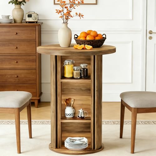 Tribesigns 23.23" Round Dining Table for 2, Tall Farmhouse Kitchen Table with Hidden Storage Cabinet, Fluted Pedestal Base, Wood Dining Table for Apartment, Bistro Style, Walnut